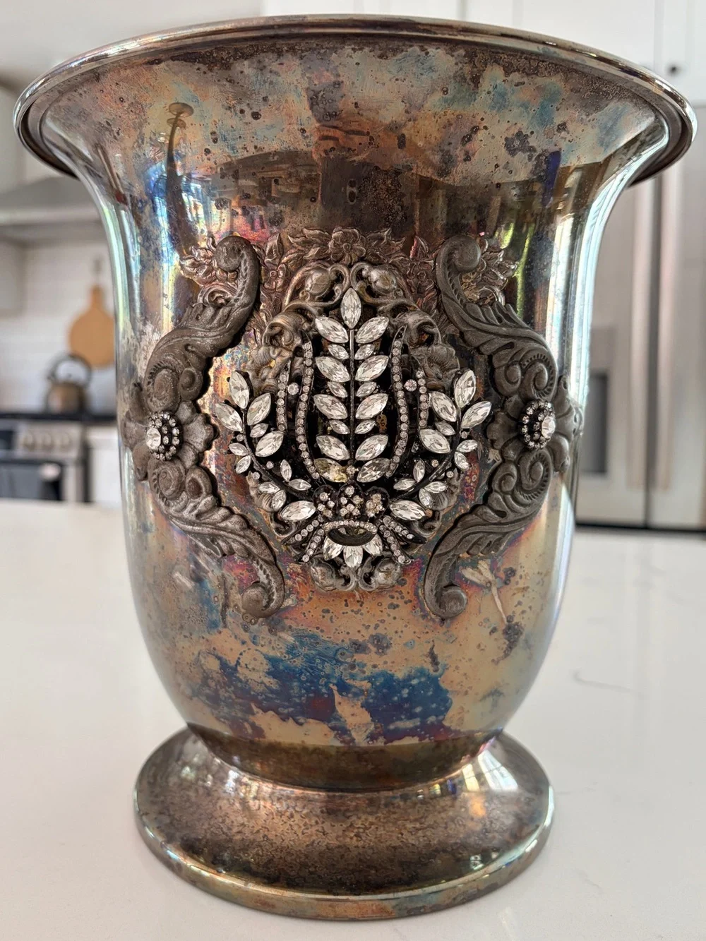 Vintage Silver-Tone Decorative wine bucket with Rhinestone Emblellishments